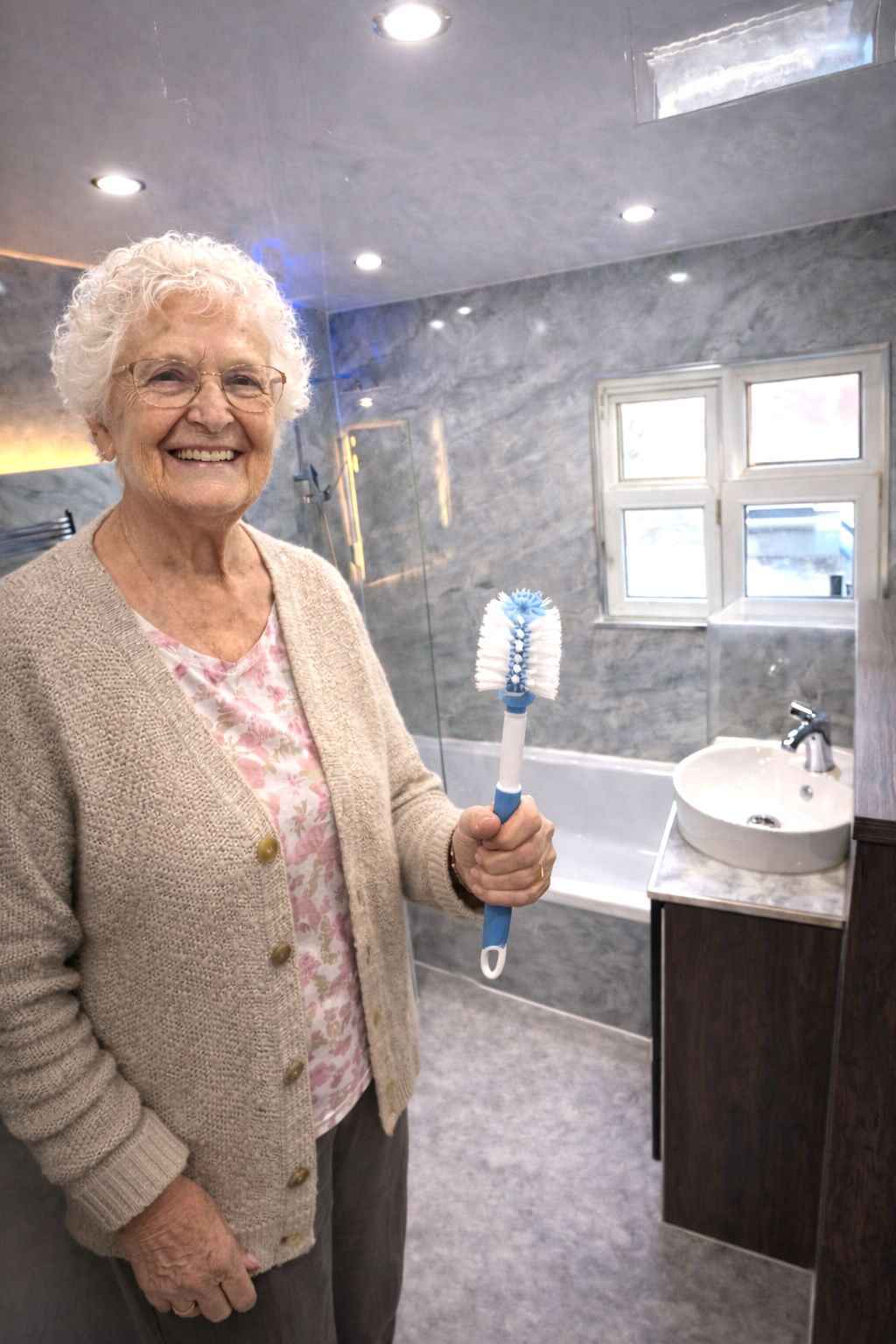 Satisfied customer after easy-to-clean bathroom renovation with SPC wall panels