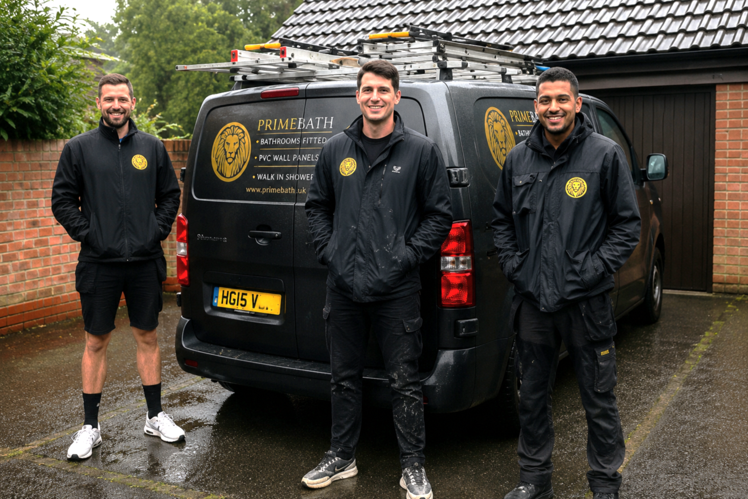Three men standing in front of a black van with the Prime Bath logo, wearing black jackets. The van is parked on a wet driveway with brick walls and a house with a tiled roof in the background.